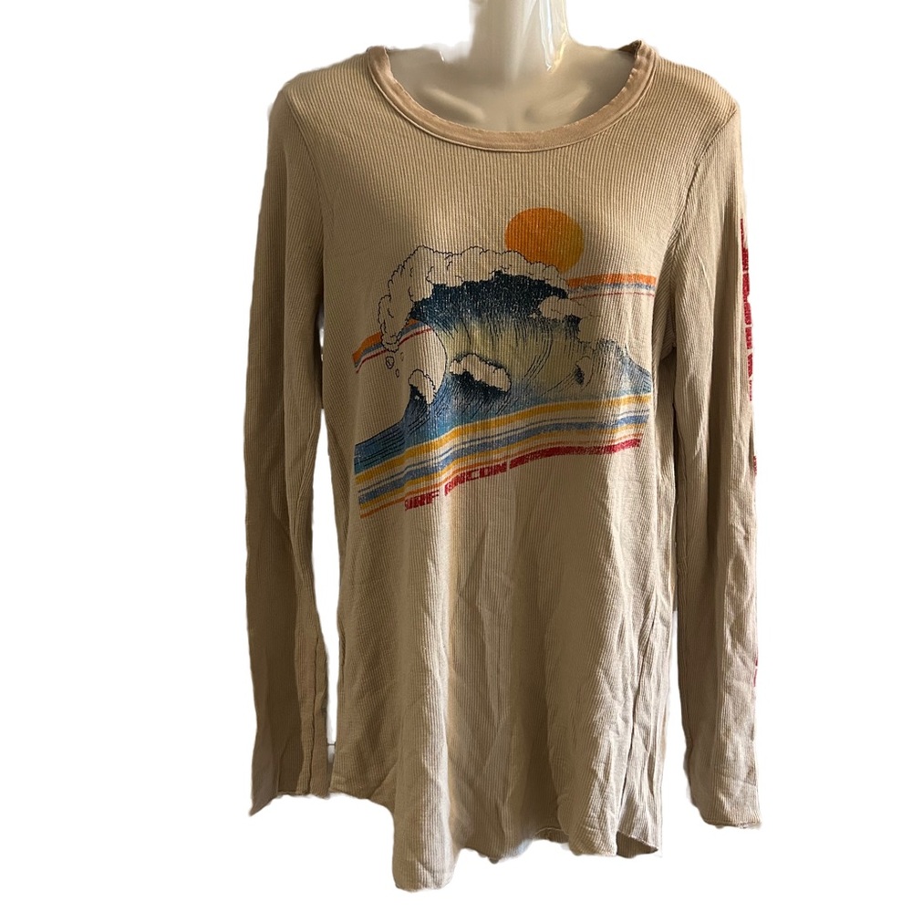 Chaser Beige Graphic Long Sleeve Tee with Blue Wave and Yellow Sun